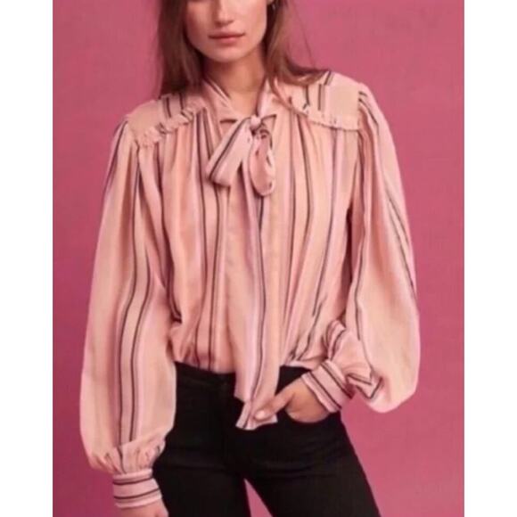 Anthropologie Hemant Nandita Sz Small Silk Blouse Top Tie Preppy Stripped Paris - Picture 13 of 13
